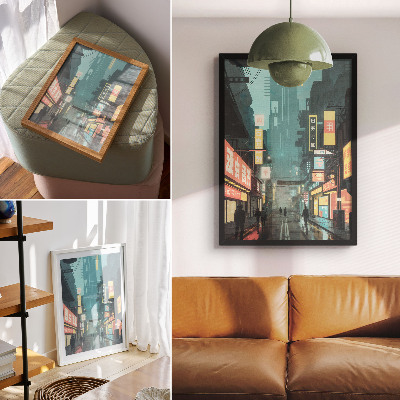 Affisch Urban nattscen med retro-futuristisk stil och neonljus