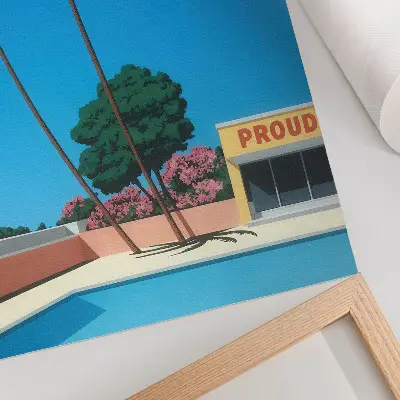 Dekorativ väggaffisch med motiv av blå himmel, palmer och simbassäng i modern stil