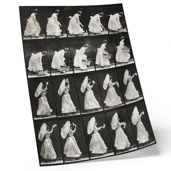 Poster Kvinna som lyfter en korg, viftar med en näsduk av Eadweard Muybridge från 1887