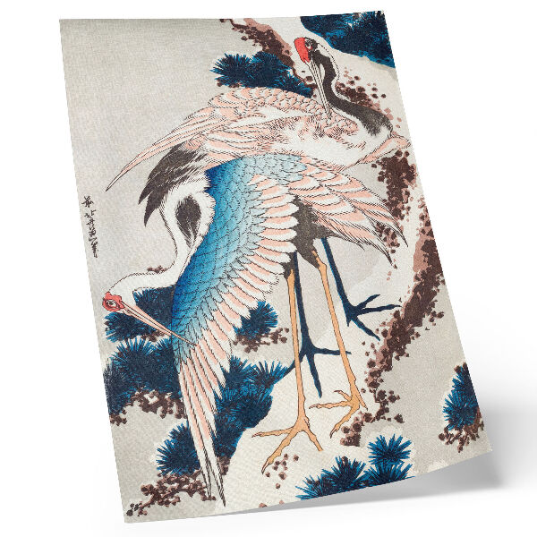 Affisch Tranor i ett snötäckt träd av Katsushiki Hokusai (1834), vintageträsnitt