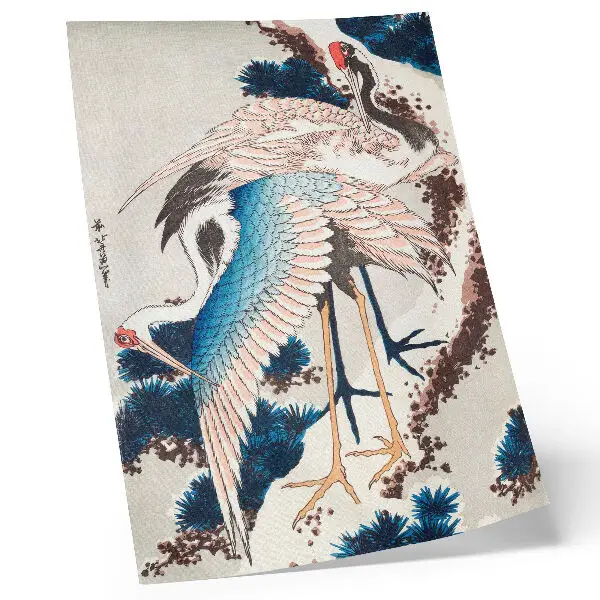 Affisch tranor i ett snötäckt träd av Katsushiki Hokusai från 1834, vintageträsnitt