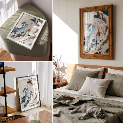 Affisch Tranor i ett snötäckt träd av Katsushiki Hokusai (1834), vintageträsnitt