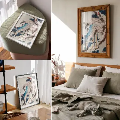 Affisch tranor i ett snötäckt träd av Katsushiki Hokusai från 1834, vintageträsnitt
