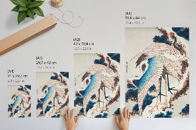 Affisch Tranor i ett snötäckt träd av Katsushiki Hokusai (1834), vintageträsnitt