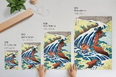 Hållbar väggposter vintage japanskt träblocktryck av Hokusai föreställande Yoshitsune-fallen i Yoshino från 1833–1834