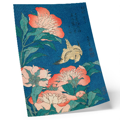 Affisch Pioner och en kanariefågel av Katsushiki Hokusai (1834) – vintage träsnitt