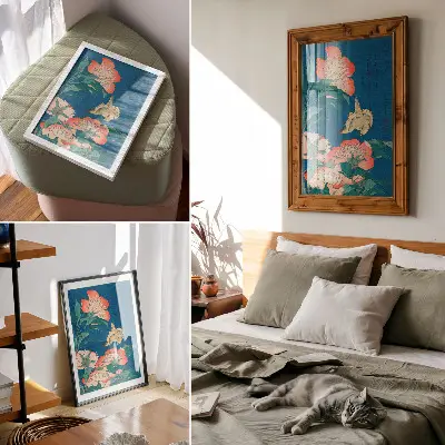 Affisch Pioner och en kanariefågel av Katsushiki Hokusai från 1834 som vintage träsnitt