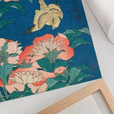 Affisch Pioner och en kanariefågel av Katsushiki Hokusai från 1834 som vintage träsnitt