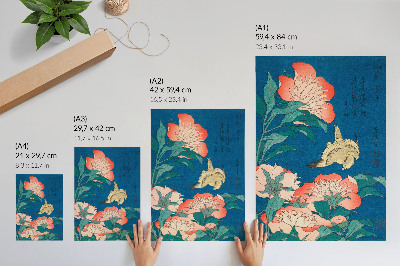 Affisch Pioner och en kanariefågel av Katsushiki Hokusai (1834) – vintage träsnitt
