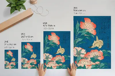 Affisch Pioner och en kanariefågel av Katsushiki Hokusai från 1834 som vintage träsnitt