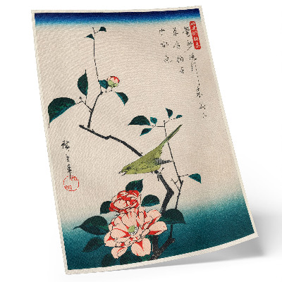 Dekorativ väggaffisch Ukiyo-e-illustration av Camellia och Nightingale av Utagawa Hiroshige (1797-1858)