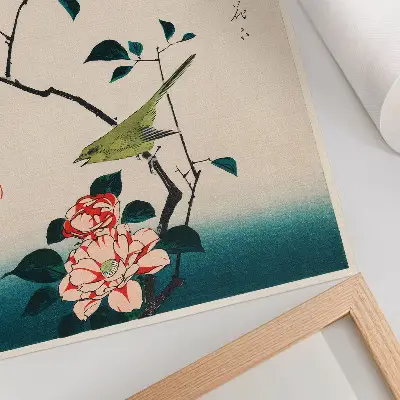 Väggaffisch Ukiyo-e-illustration kamelia och näktergal av Utagawa Hiroshige