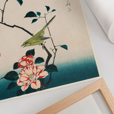 Dekorativ väggaffisch Ukiyo-e-illustration av Camellia och Nightingale av Utagawa Hiroshige (1797-1858)