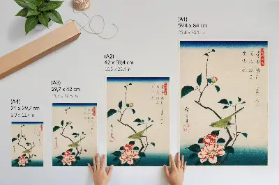 Väggaffisch Ukiyo-e-illustration kamelia och näktergal av Utagawa Hiroshige