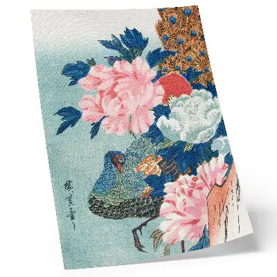 Väggaffisch Påfågel och pioner japanskt vintageträsnitt av Utagawa Hiroshige