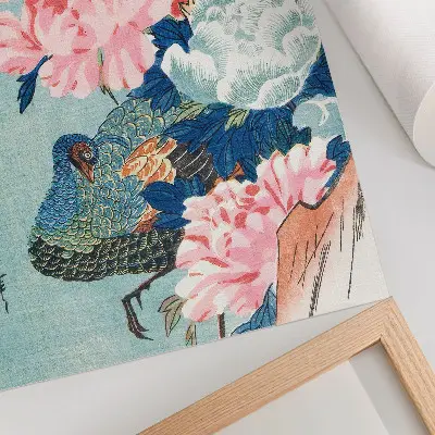 Väggaffisch Påfågel och pioner japanskt vintageträsnitt av Utagawa Hiroshige