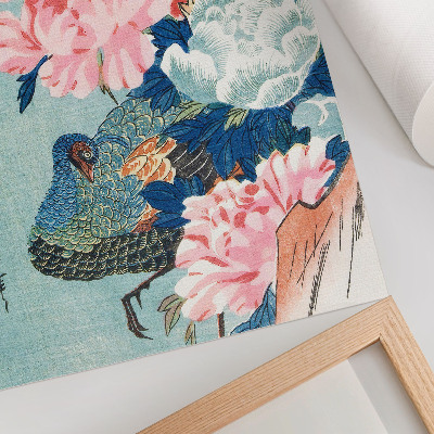 Dekorativ väggaffisch Påfågel och pioner, japanskt vintageträsnitt av Utagawa Hiroshige