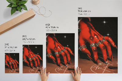 Hållbar väggposter Röd hand med ringar på en bakgrund av symboler
