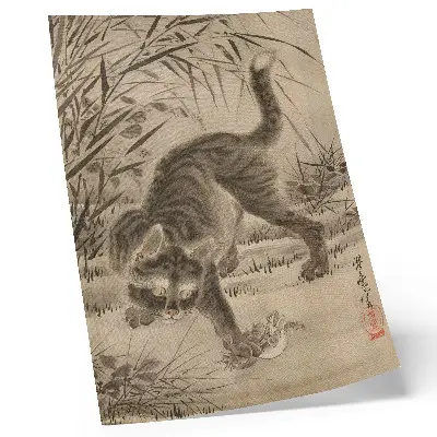 Katt som fångar en groda av Kawanabe Kyosai hållbar väggposter