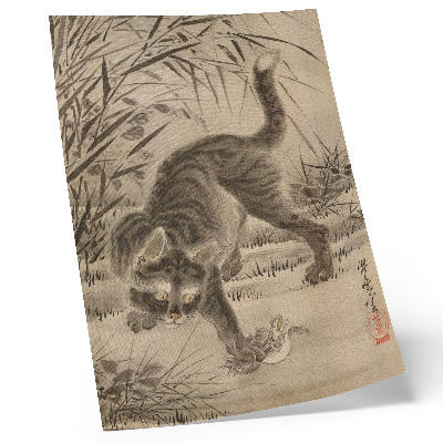 Hållbar väggposter Katt som fångar en groda av Kawanabe Kyosai