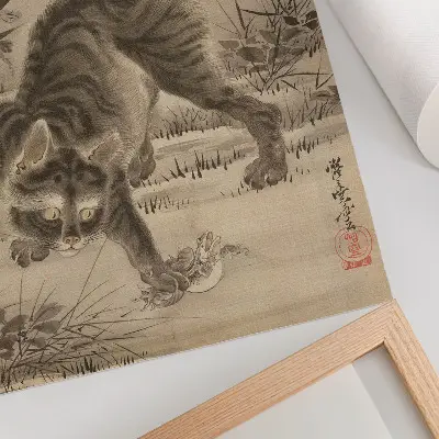 Katt som fångar en groda av Kawanabe Kyosai hållbar väggposter