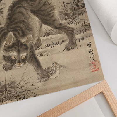Hållbar väggposter Katt som fångar en groda av Kawanabe Kyosai