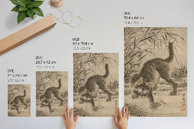 Hållbar väggposter Katt som fångar en groda av Kawanabe Kyosai