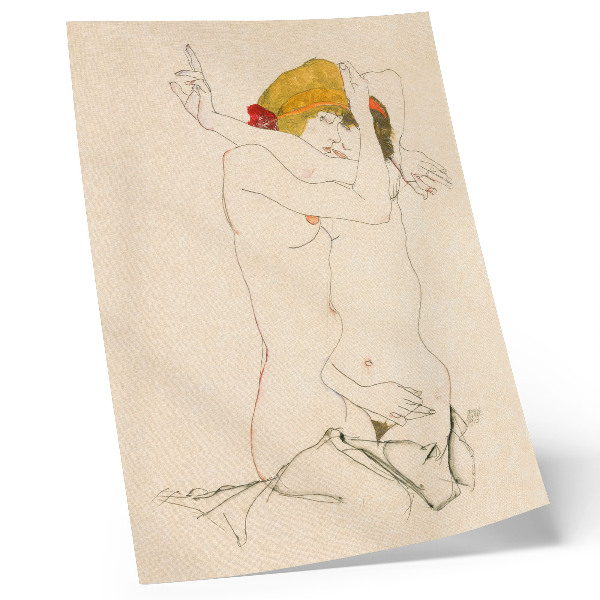 Affisch Två kvinnor som omfamnar varandra (1913) av Egon Schiele – en feminin linjeteckning från MET:s samling
