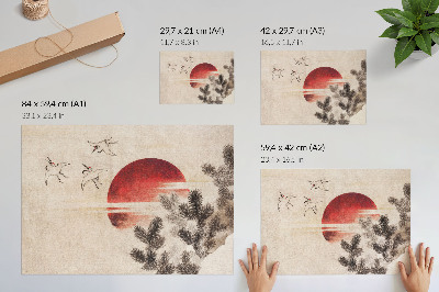 Väggposter Fåglar och solnedgång av Katsushika Hokusai från Skissernas album (1814), japanskt träblockstryck från årgången