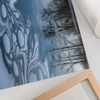 Poster till sovrum Is på sjön, reflektioner av träd, blå toner