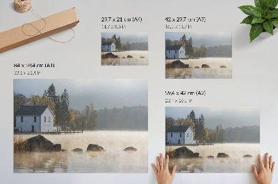Poster till sovrum Dimmigt landskap sjö stuga träd höst