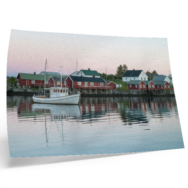 Poster Kubistiska röda hus vid sjön strålar