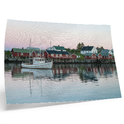 Poster Kubistiska röda hus vid sjön strålar