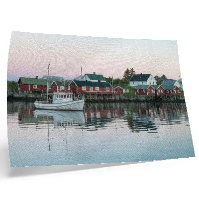 Poster kubistiska röda hus vid sjön