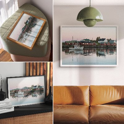 Poster Kubistiska röda hus vid sjön strålar