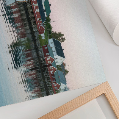 Poster Kubistiska röda hus vid sjön strålar