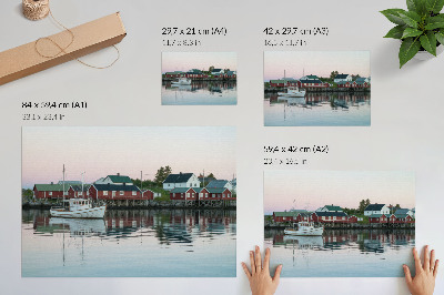 Poster Kubistiska röda hus vid sjön strålar