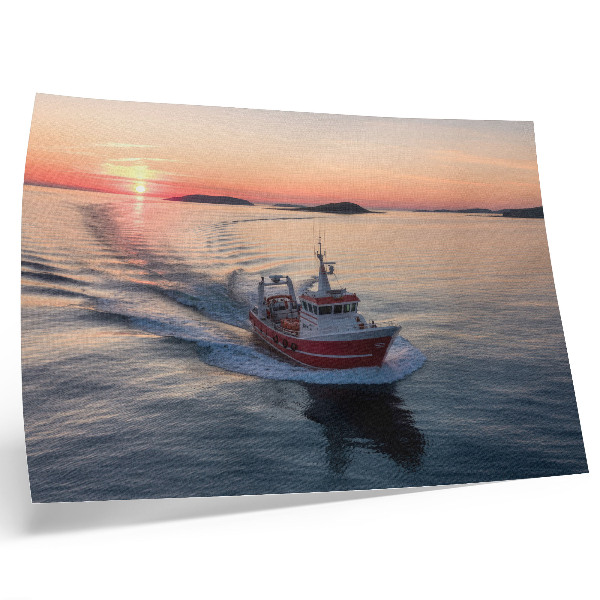 Stilren väggposter Solnedgång över det lugna havet, båtrörelse
