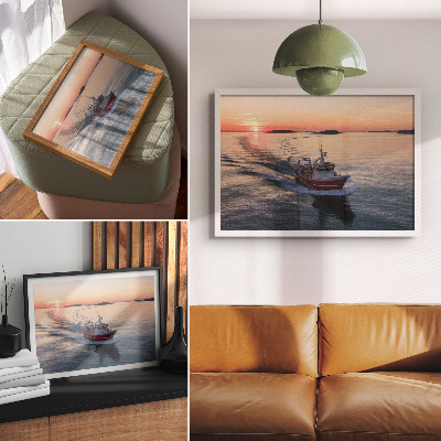 Stilren väggposter Solnedgång över det lugna havet, båtrörelse
