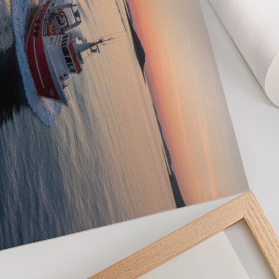 Stilren väggposter Solnedgång över det lugna havet, båtrörelse