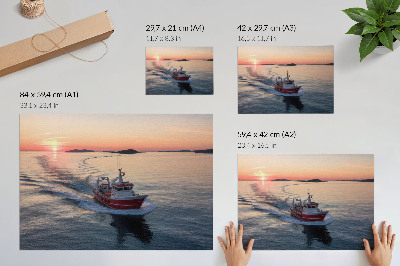 Stilren väggposter Solnedgång över det lugna havet, båtrörelse