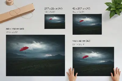 Väggposter rött paraply i ett berglandskap med mörka moln
