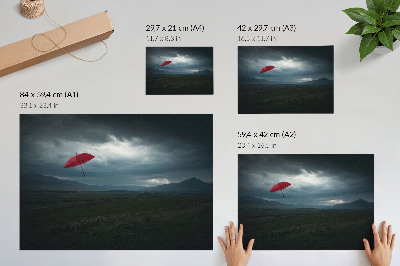 Stilren väggposter Rött paraply mörka moln berg landskap