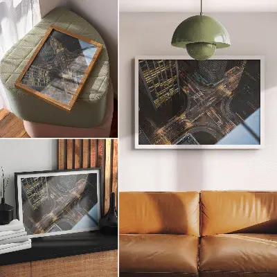 Poster till sovrum stadspanorama ovanifrån med stadsljus på natten i modern stil