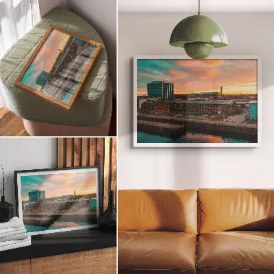 Väggposter industribyggnader i solnedgång med lugn atmosfär