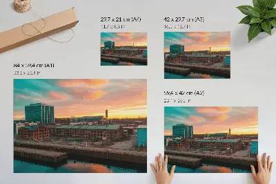 Väggposter industribyggnader i solnedgång med lugn atmosfär