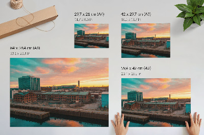 Stilren väggposter Industribyggnader solnedgång lugn atmosfär