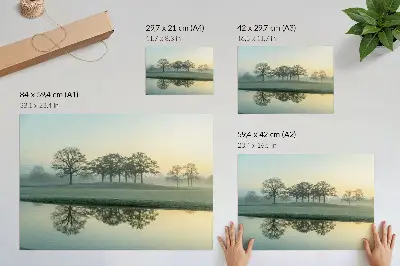 Väggposter lugn vattenyta med reflektion av träd och mjuk dimma