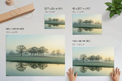 Stilren väggposter Lugn vattenyta, reflektion av träd, mjuk dimma