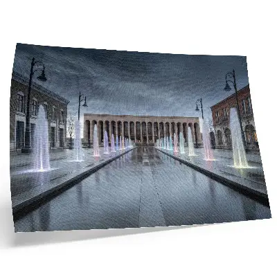 Väggposter med motiv av fontäner och modern arkitekturbelysning